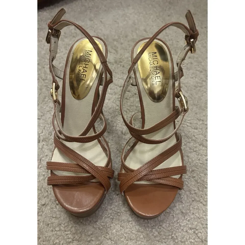 Michael Kors Cicely Brown Leather Strappy Platform Sandals Size 6.5